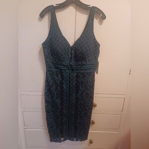 Bisou Bisou Black and Teal Lace Midi Dress